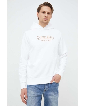 Calvin Klein bluza bawełniana męska kolor biały z kapturem wzorzysta