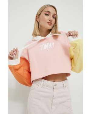 Tommy Jeans bluza damska kolor różowy z kapturem wzorzysta