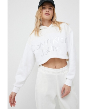 Calvin Klein Jeans bluza damska kolor biały z kapturem z aplikacją