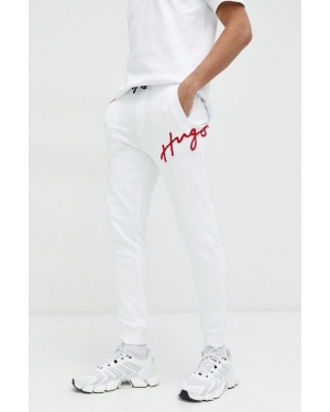 HUGO spodnie dresowe bawełniane męskie kolor biały z aplikacją