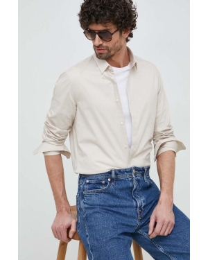 Calvin Klein koszula męska kolor beżowy slim z kołnierzykiem klasycznym