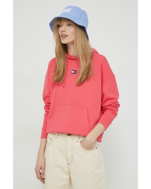 Tommy Jeans bluza bawełniana damska kolor różowy z kapturem z aplikacją