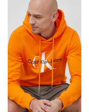 Calvin Klein Jeans bluza bawełniana męska kolor pomarańczowy z kapturem z aplikacją
