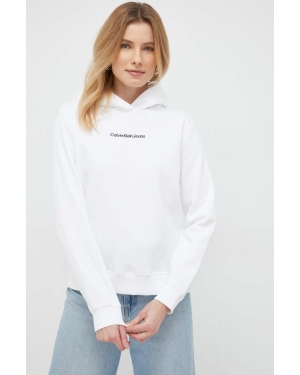 Calvin Klein Jeans bluza damska kolor biały z kapturem gładka
