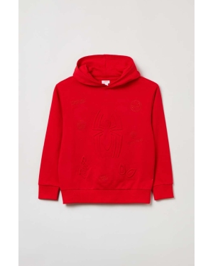 OVS bluza bawełniana dziecięca kolor czerwony z kapturem z aplikacją