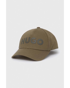 HUGO czapka z daszkiem bawełniana kolor zielony z aplikacją