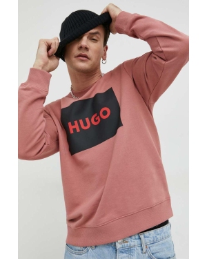 HUGO bluza bawełniana męska kolor różowy z nadrukiem