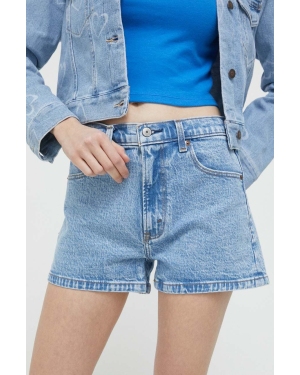 Abercrombie & Fitch szorty jeansowe damskie kolor niebieski gładkie high waist