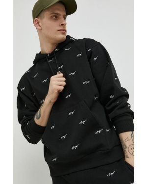 HUGO bluza bawełniana męska kolor czarny z kapturem wzorzysta