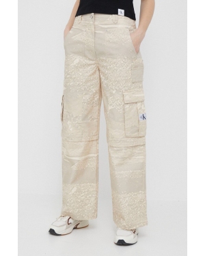 Calvin Klein Jeans spodnie bawełniane kolor beżowy szerokie high waist