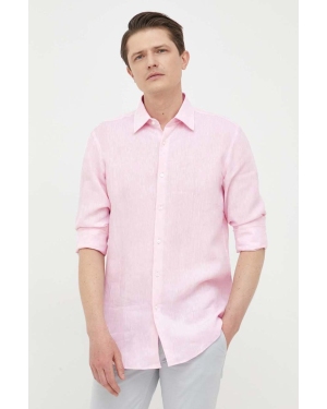 BOSS koszula lniana kolor różowy slim z kołnierzykiem klasycznym