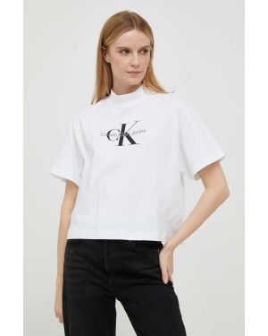 Calvin Klein Jeans t-shirt bawełniany kolor biały z półgolfem