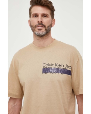 Calvin Klein Jeans t-shirt bawełniany kolor beżowy z nadrukiem