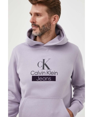 Calvin Klein Jeans bluza męska kolor fioletowy z kapturem z nadrukiem