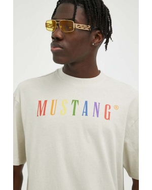 Mustang t-shirt bawełniany kolor beżowy z nadrukiem