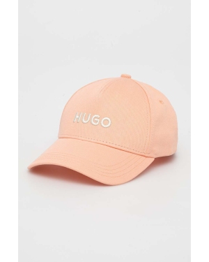 HUGO czapka z daszkiem bawełniana kolor pomarańczowy z aplikacją