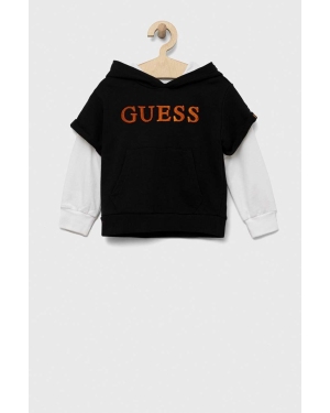 Guess bluza bawełniana dziecięca kolor czarny z kapturem wzorzysta