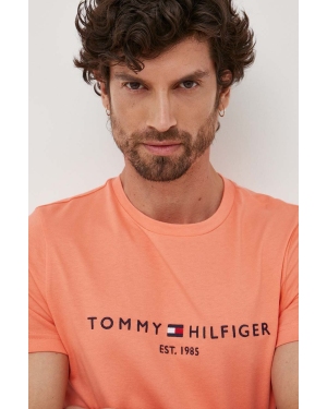 Tommy Hilfiger t-shirt bawełniany kolor pomarańczowy z aplikacją