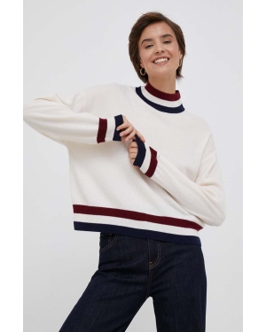 Tommy Hilfiger sweter wełniany damski kolor beżowy lekki z półgolfem
