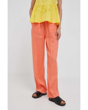 United Colors of Benetton spodnie lniane kolor pomarańczowy szerokie high waist