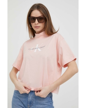 Calvin Klein Jeans t-shirt bawełniany kolor różowy z półgolfem