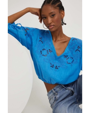 Answear Lab bluzka bawełniana damska kolor niebieski z aplikacją