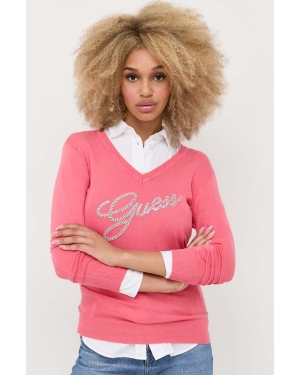 Guess sweter wełniany damski kolor różowy