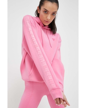 Guess bluza damska kolor różowy z kapturem z nadrukiem