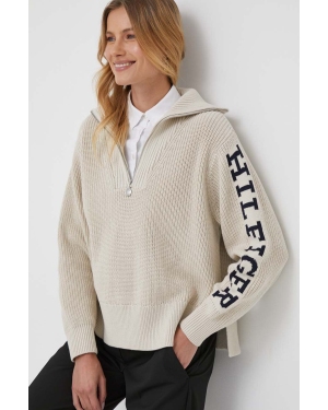 Tommy Hilfiger sweter bawełniany kolor beżowy ciepły z golfem
