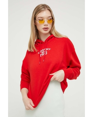 Tommy Jeans bluza damska kolor czerwony z kapturem z nadrukiem