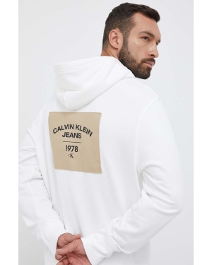 Calvin Klein Jeans bluza bawełniana męska kolor biały z kapturem z nadrukiem