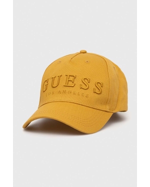Guess czapka z daszkiem bawełniana kolor żółty z aplikacją