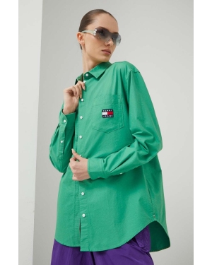 Tommy Jeans koszula bawełniana damska kolor zielony relaxed z kołnierzykiem klasycznym