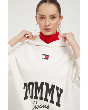 Tommy Jeans bluza bawełniana damska kolor beżowy z kapturem z nadrukiem