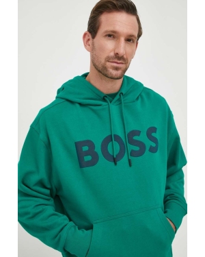 BOSS bluza bawełniana BOSS ORANGE męska kolor zielony z kapturem z nadrukiem 50487134