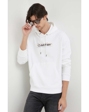Calvin Klein bluza bawełniana męska kolor biały z kapturem z nadrukiem