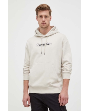 Calvin Klein bluza bawełniana męska kolor beżowy z kapturem z nadrukiem