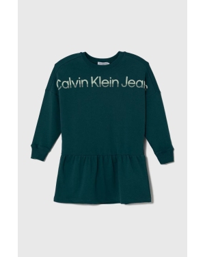 Calvin Klein Jeans sukienka bawełniana dziecięca kolor zielony mini rozkloszowana