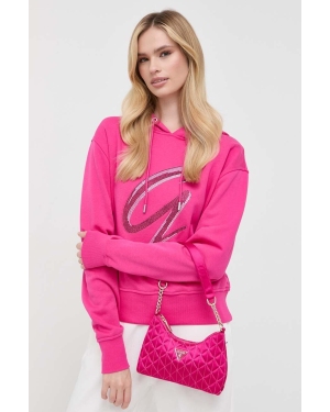 Guess bluza damska kolor różowy z kapturem z aplikacją