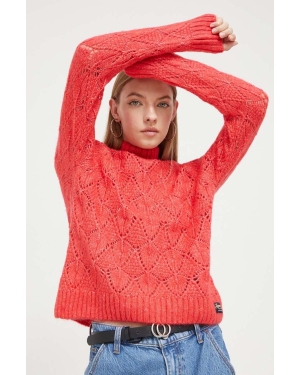 Superdry sweter z domieszką wełny damski kolor pomarańczowy z półgolfem