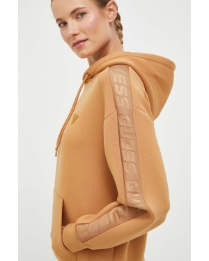 Guess bluza damska kolor brązowy z kapturem z nadrukiem