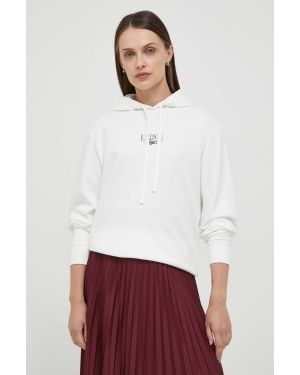 Lacoste bluza damska kolor biały z kapturem z nadrukiem