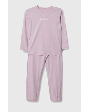 United Colors of Benetton piżama bawełniana dziecięca kolor różowy z nadrukiem