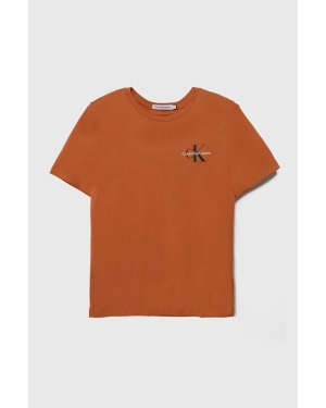 Calvin Klein Jeans t-shirt bawełniany dziecięcy kolor brązowy z nadrukiem