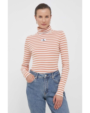 Calvin Klein Jeans longsleeve bawełniany kolor beżowy z golfem