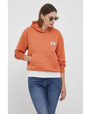 Calvin Klein Jeans bluza bawełniana damska kolor pomarańczowy z kapturem z aplikacją