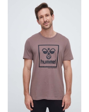 Hummel t-shirt bawełniany kolor brązowy z nadrukiem