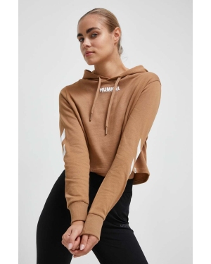Hummel bluza bawełniana damska kolor brązowy z kapturem z nadrukiem