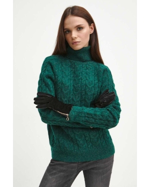 Medicine sweter z domieszką wełny damski kolor zielony z golfem