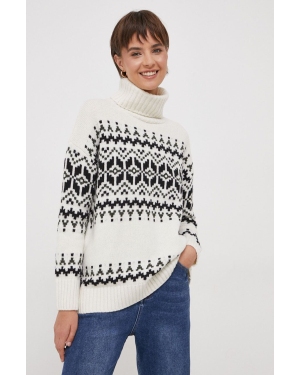 Barbour sweter wełniany damski kolor beżowy ciepły z golfem
